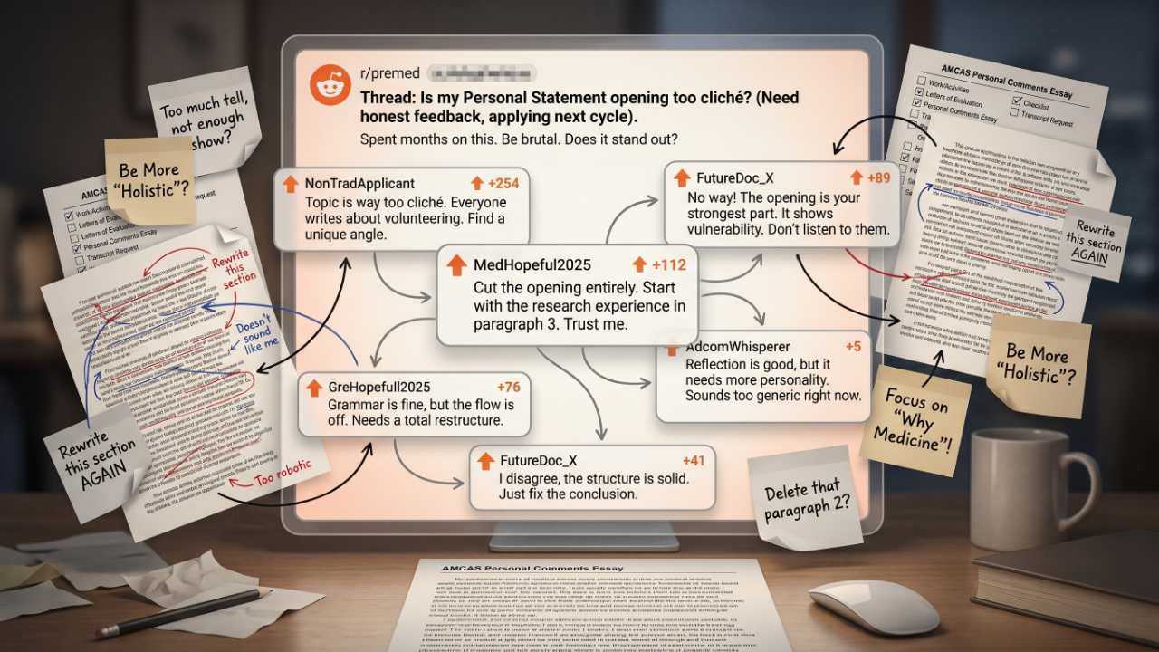 Conflicting advice from multiple Reddit users on an r/premed thread about if a student's personal statement opening is too cliche.
