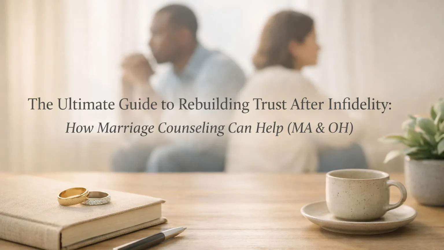 A modern, diverse couple (African American) sitting side-by-side on a sofa, looking at a therapist on a laptop screen during an online counseling session, appearing hopeful and focused on their conversation