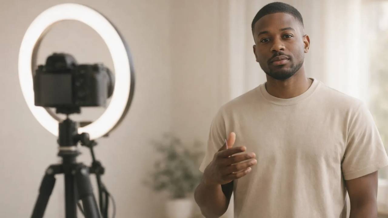 African American male social media influencer speaking in front of a professional camera and ring light setup, discussing relationship red flags and digital authenticity.