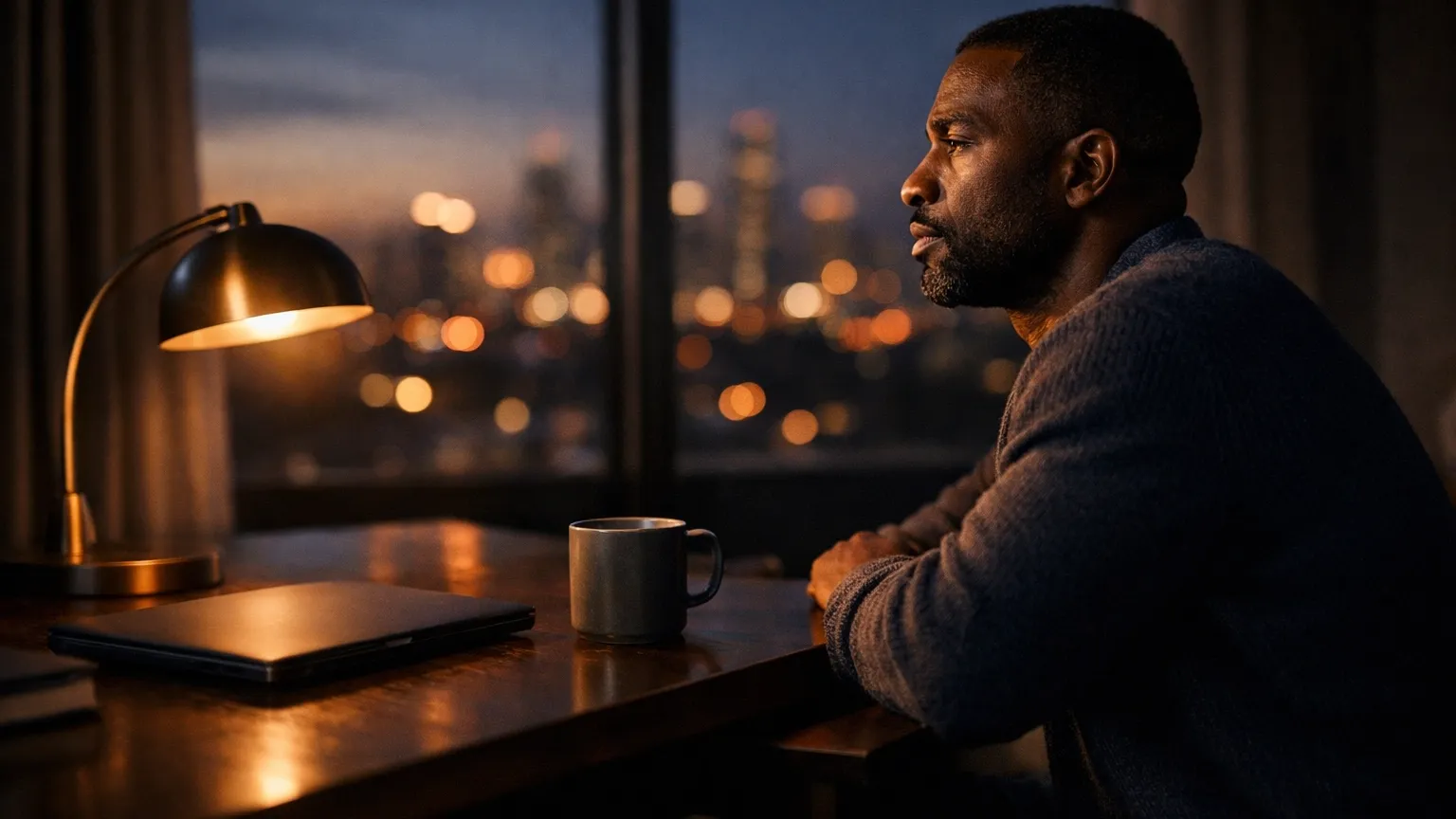 A professional Black man sitting at a desk late at night, head in hands, looking exhausted under a single lamp.