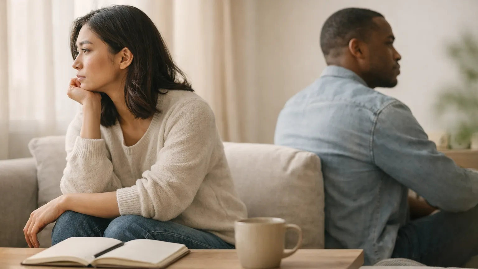 A couple in a deep conversation about their relationship dynamics during a session of marriage counseling.