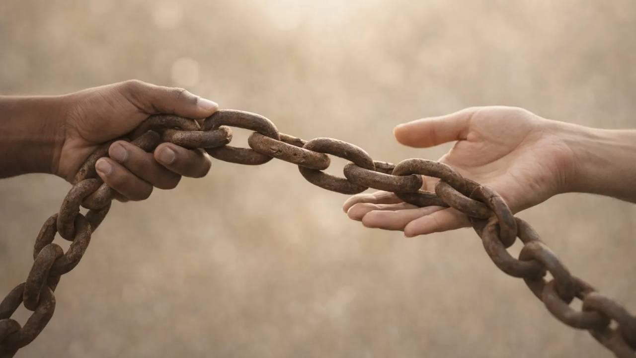 A close-up of a heavy, rusted iron chain being passed from one pair of hands to another, symbolizing the transfer and weight of historical and psychological burdens.