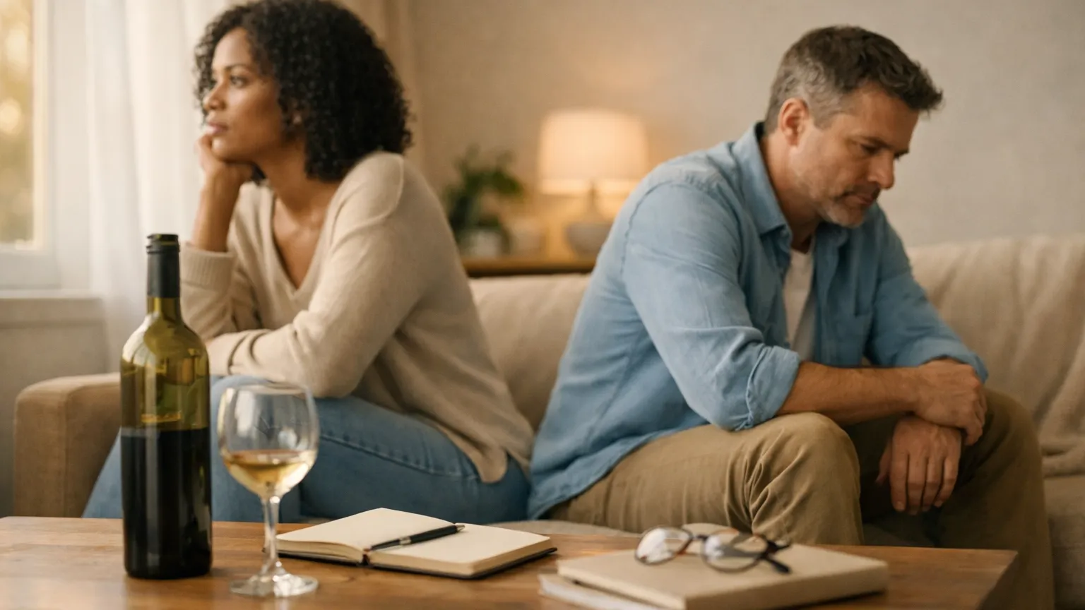 A couple sitting on opposite ends of a couch, holding alcoholic drinks and looking at their phones, with the blue glow of a TV news broadcast in the background.