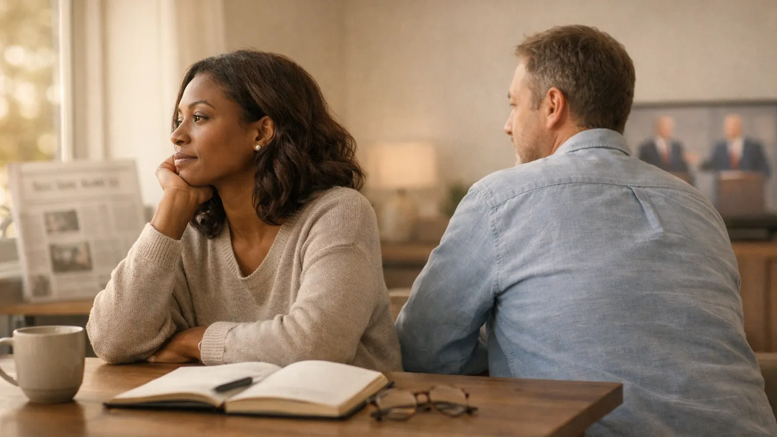 A close-up of a person's hands tightly gripping a glowing smartphone in a dark room, with blurry notifications reflecting in their glasses, capturing the tension of doom scrolling.