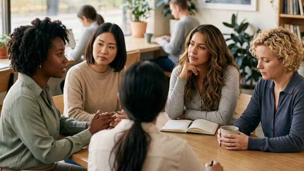 A high-quality, professional image of diverse women in deep conversation