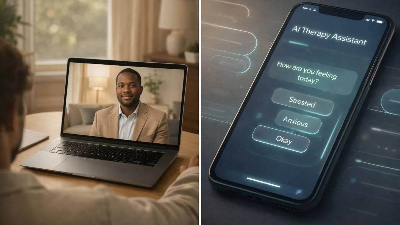 A split-screen comparison: On the left, a warm online therapy session with an African American male therapist; on the right, an impersonal, glowing AI therapy chatbot on a smartphone.
