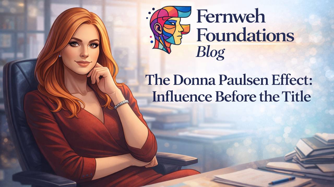 Illustration of a confident red-haired executive assistant seated at a desk in a modern office, representing influence and leadership without a formal title.