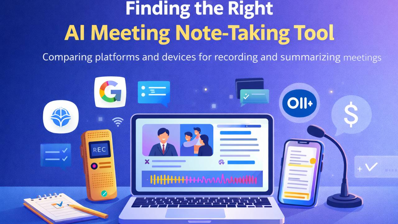 Illustration of a laptop displaying AI-generated meeting notes surrounded by recording tools and devices, with the Fernweh Foundations logo, representing AI meeting transcription and summaries.