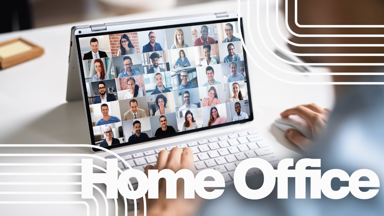 Das Bild Zeigt ein Tablet, auf dem Eine Videokonferenz oder Zoom oder Microsoft Teams geöffnet ist und den Schriftzug Home Office