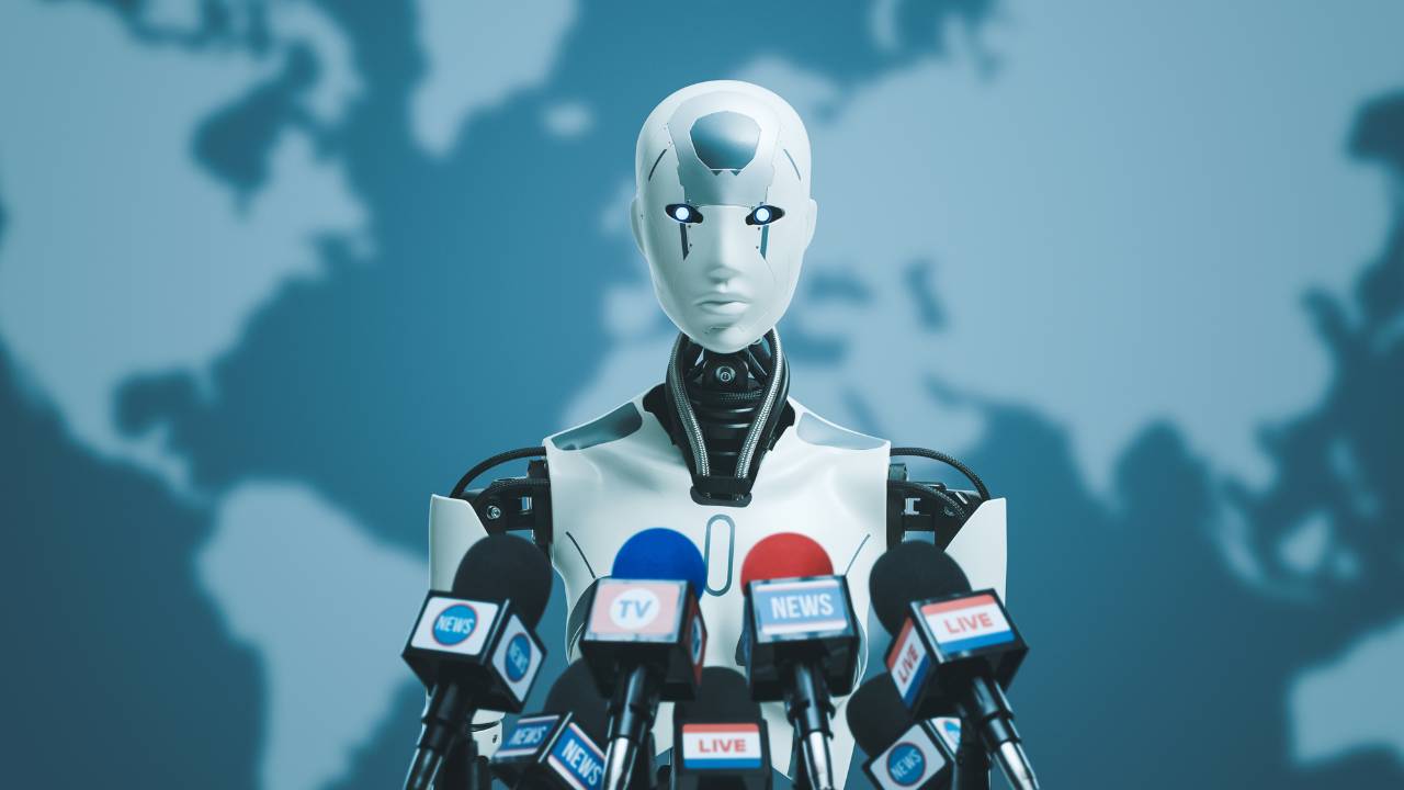 AI robot speaking at a press conference