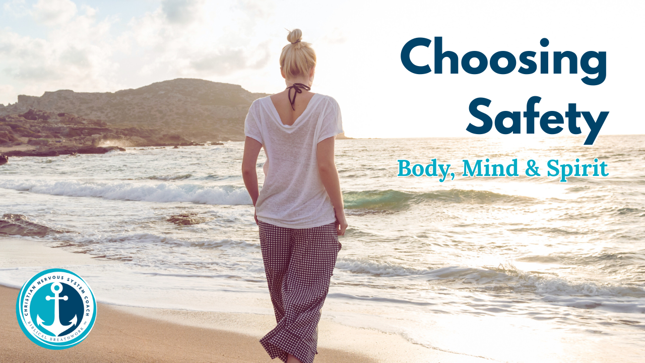 Woman walking toward the ocean, back to camera, hands near pockets, reflecting on peace and safety in body, mind, and spirit