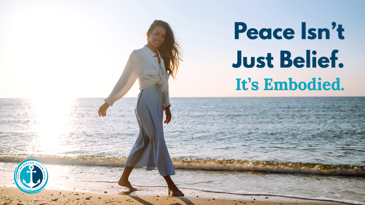 A Christian woman walking barefoot at the shoreline in sunlight, embodying nervous system rest and peace in Christ.