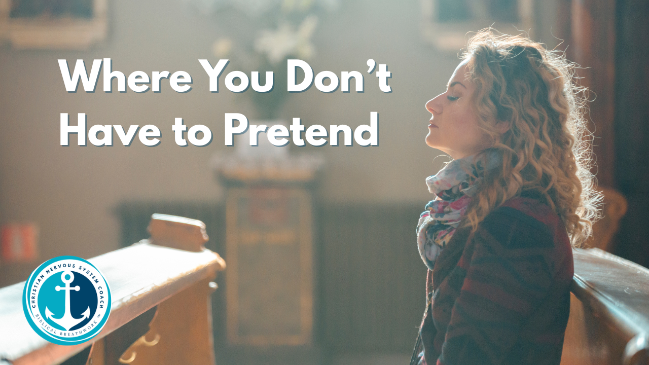 Woman sitting on a church pew with eyes closed, side view, in a posture of rest or prayer.