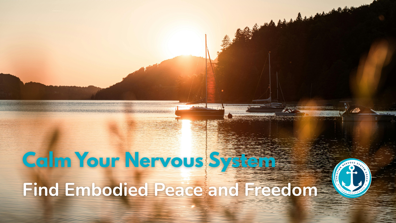 Sailboat anchored on calm water at sunset near inlet, symbolizing peace and nervous system regulation for Christian women.