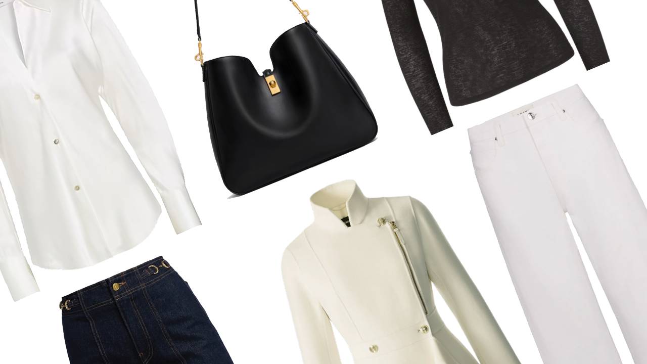 Pieces of clothing that are white black and cream that are simple and well designed