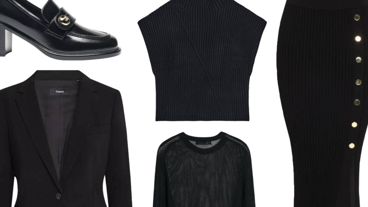 Four black clothing pieces and one black shoe styled together including 2 black sweaters, 1 black blazer, 1 black skirt and one black shoe