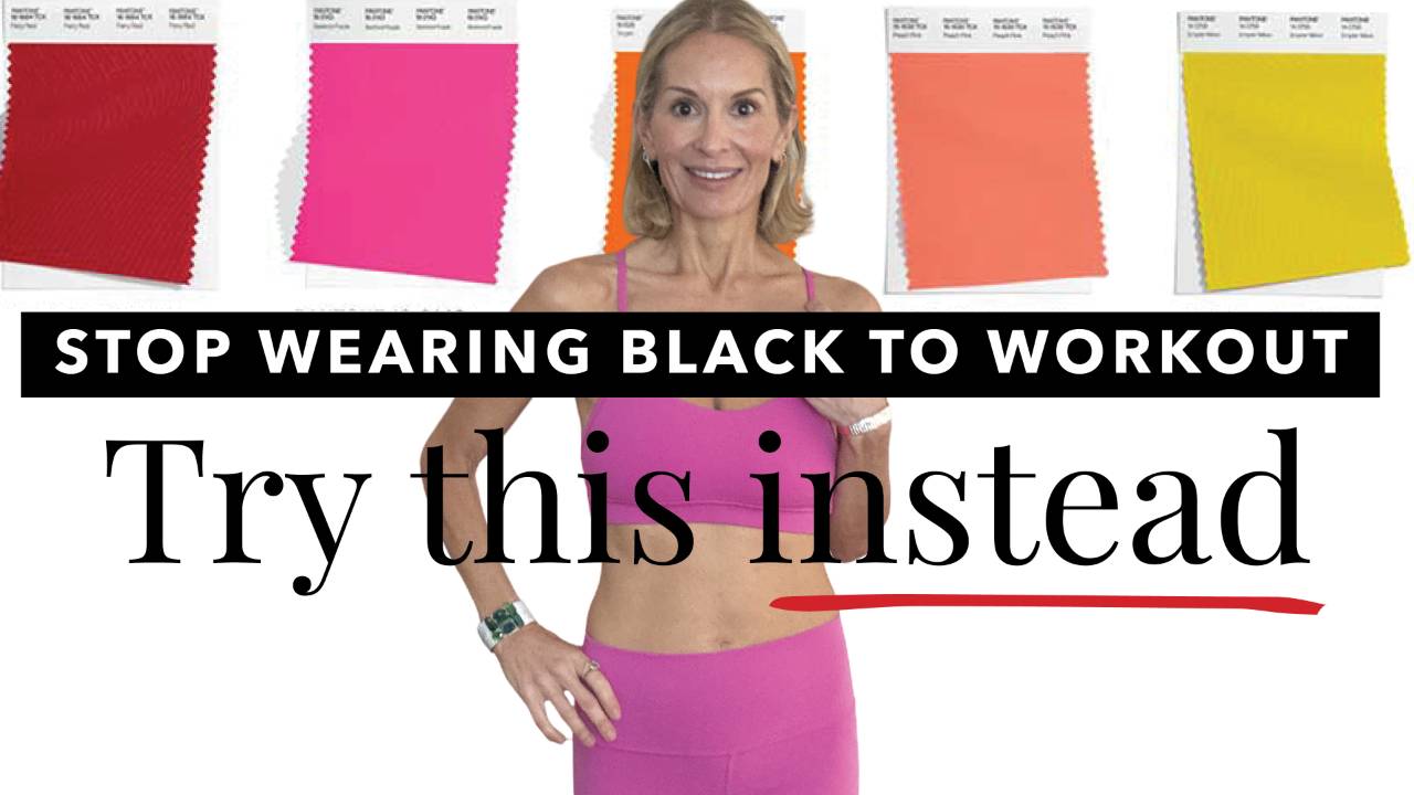 karima the stylist in a bright pink workout bra and leggings