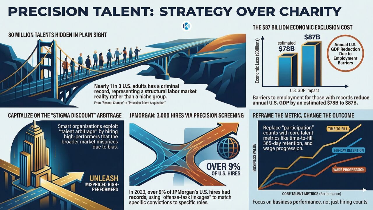 Infographic titled "Precision Talent: Strategy Over Charity" showing four data panels: 80 million Americans with criminal records as an untapped labor pool, $78B–$87B annual U.S. GDP loss from employment barriers, JPMorgan Chase hiring over 3,000 formerly incarcerated workers in 2023 representing 9% of U.S. hires, and a performance chart replacing participation counts with core talent metrics — time-to-fill, 365-day retention, and wage progression. Published by Khalil Osiris Consulting.