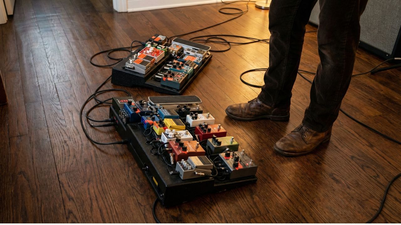 person standing in front of pedalboard