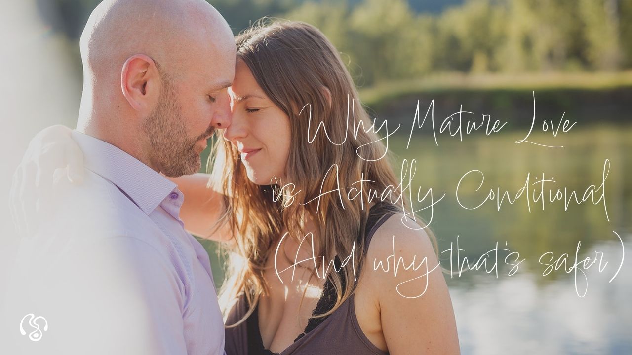 Mike Elliott and Courtney Wren embrace with blog article name Why Mature Love is Actually Conditional (And why that's safer)
