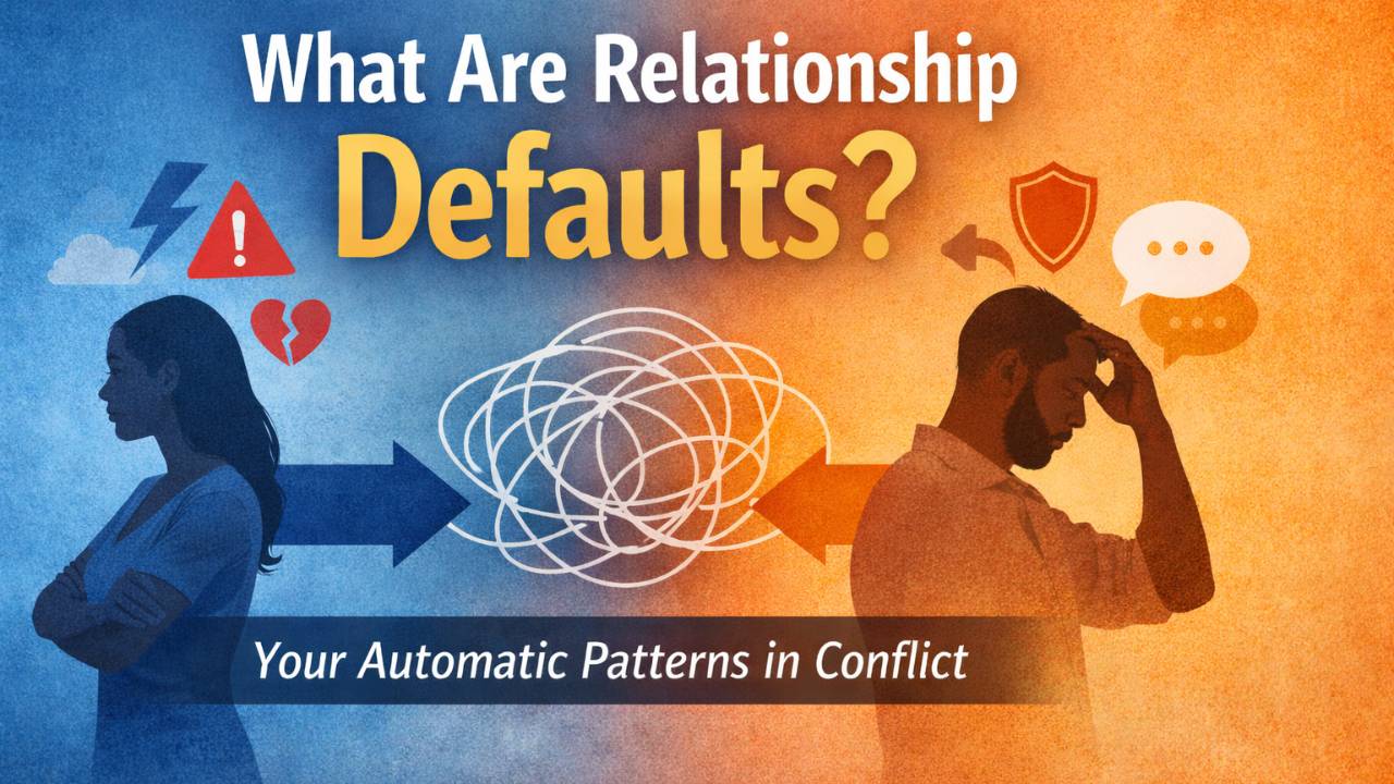 couple facing opposite directions with blue and orange background illustrating relationship defaults and automatic conflict patterns.