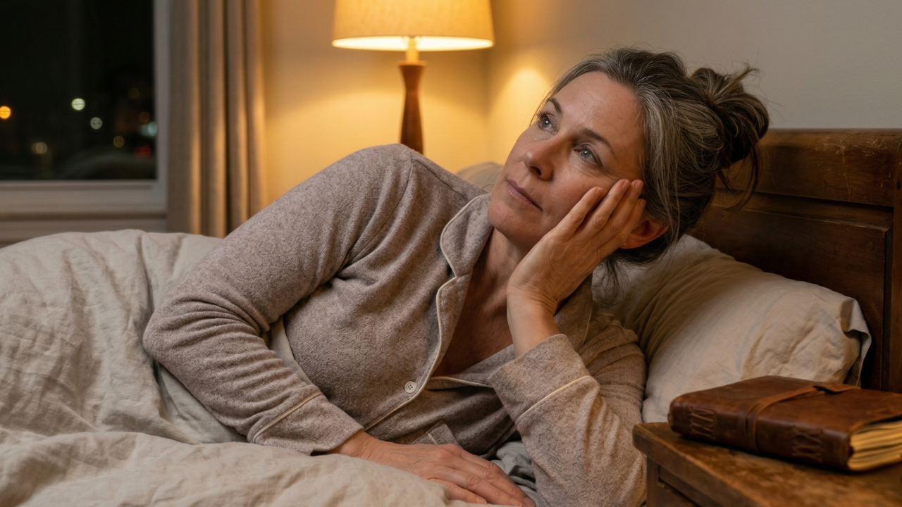 Woman lying in bed with her head in her hands