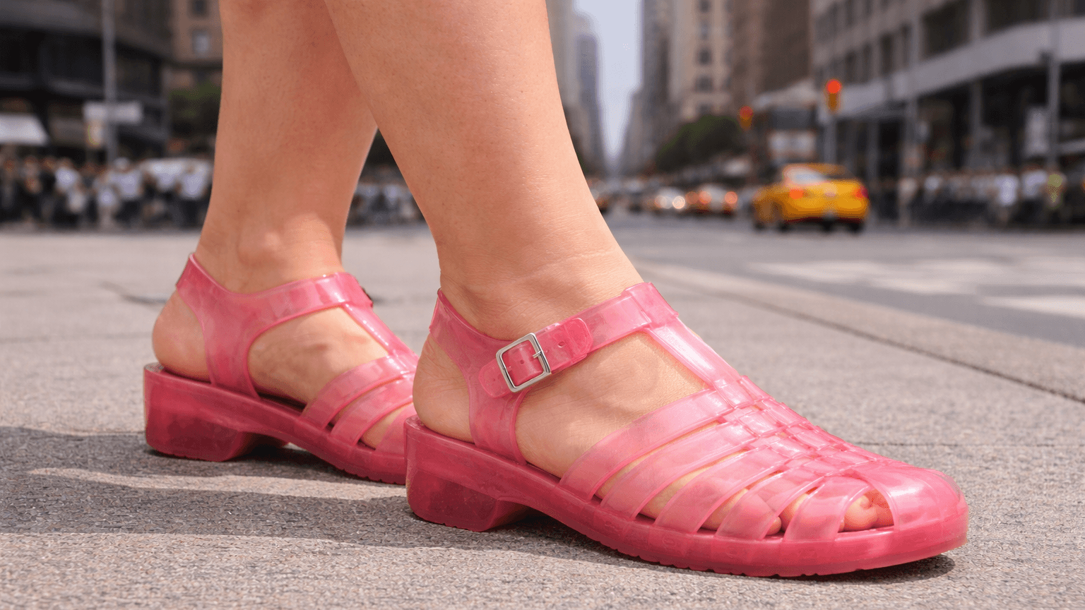 City background and feet wearing a Melissa pink sandals