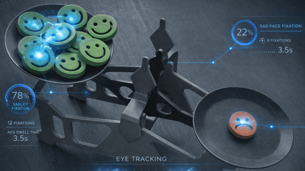 happy and sad emojis on two sides of a scale being analysed by eye tracking