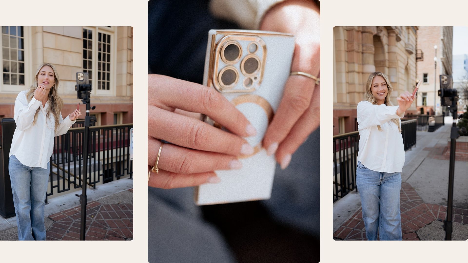 UGC creator recording for a brand in public