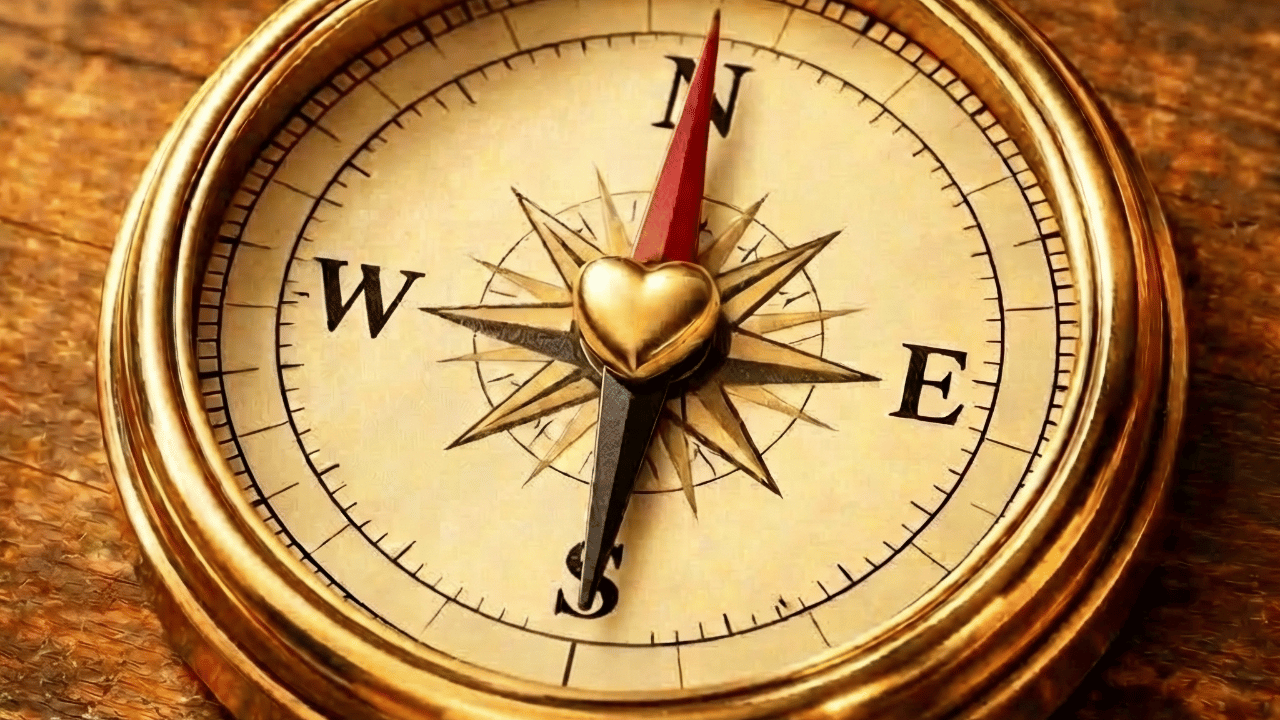 A compass with a heart in the middle