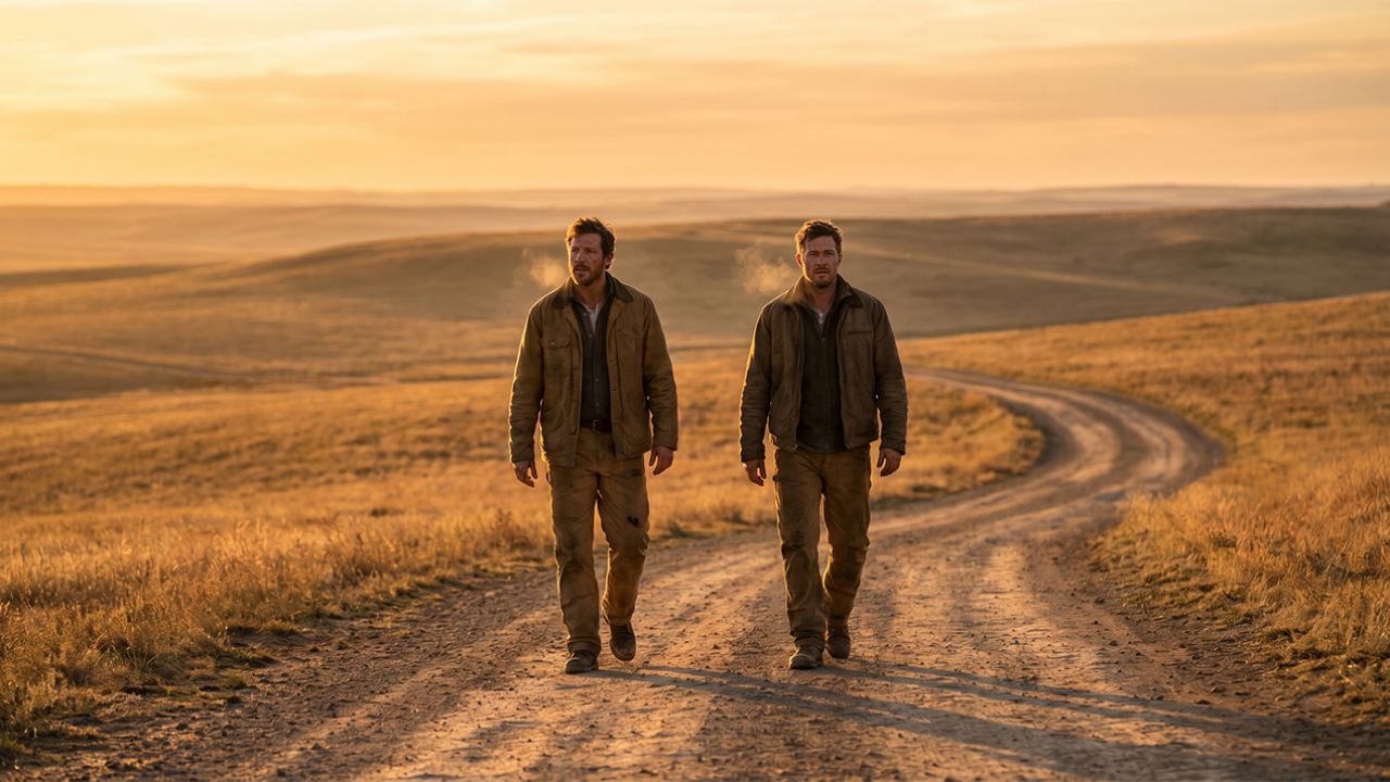 Two men walking side by side on a dirt path at sunrise, representing intentional brotherhood, shared mission, and men moving forward together in faith.