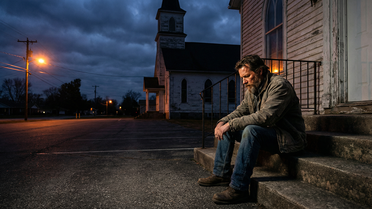 A lone man sitting on church steps outside an empty building at dusk, head down, representing the quiet departure of men from institutional church life.