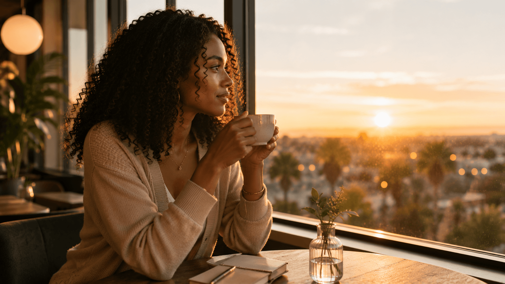a woman sitting in front of a window holding a cup