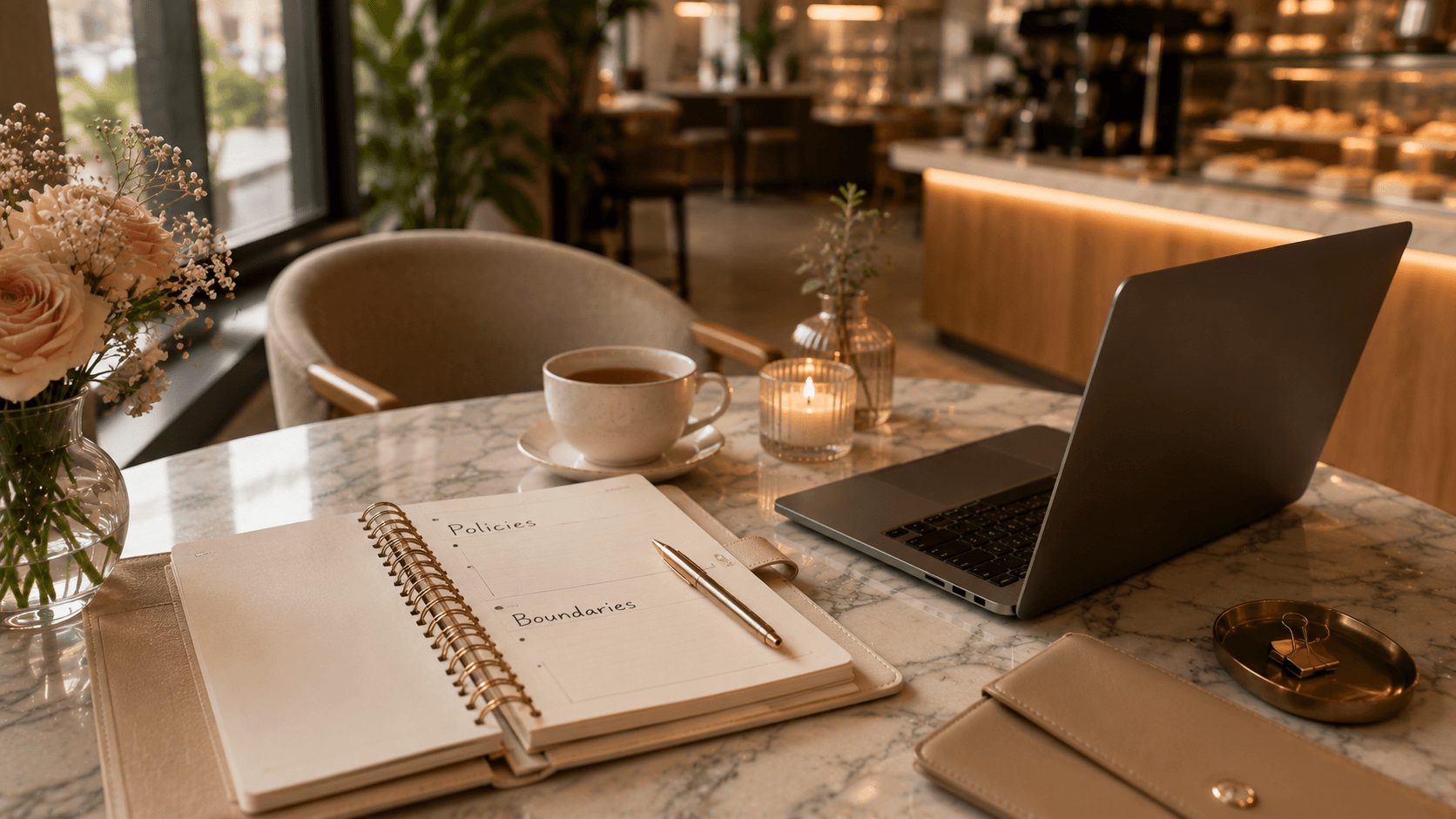 a laptop and a notebook with the words policies and boundaries written in it, on top of a work table