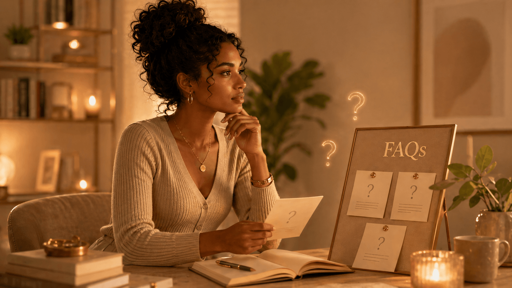 a woman sitting in her desk looking at pieces of papers pinned to a board
