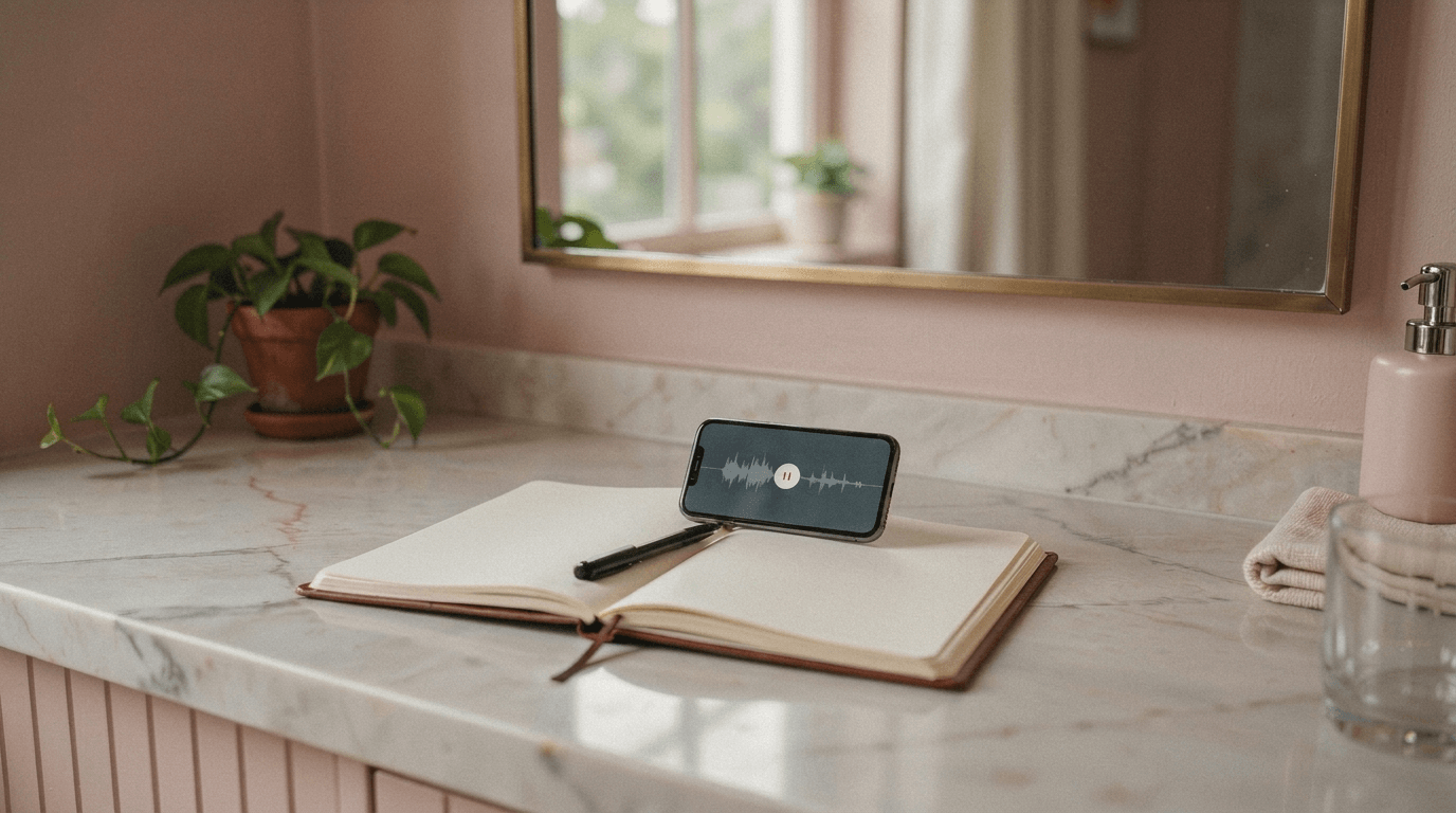 a phone on top of a notebook in a counter
