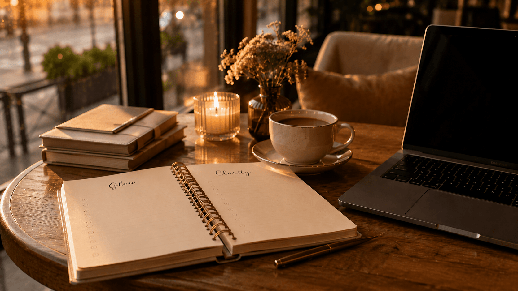 a laptop and a notebook with the words glow and clarity written in it on top of a work table