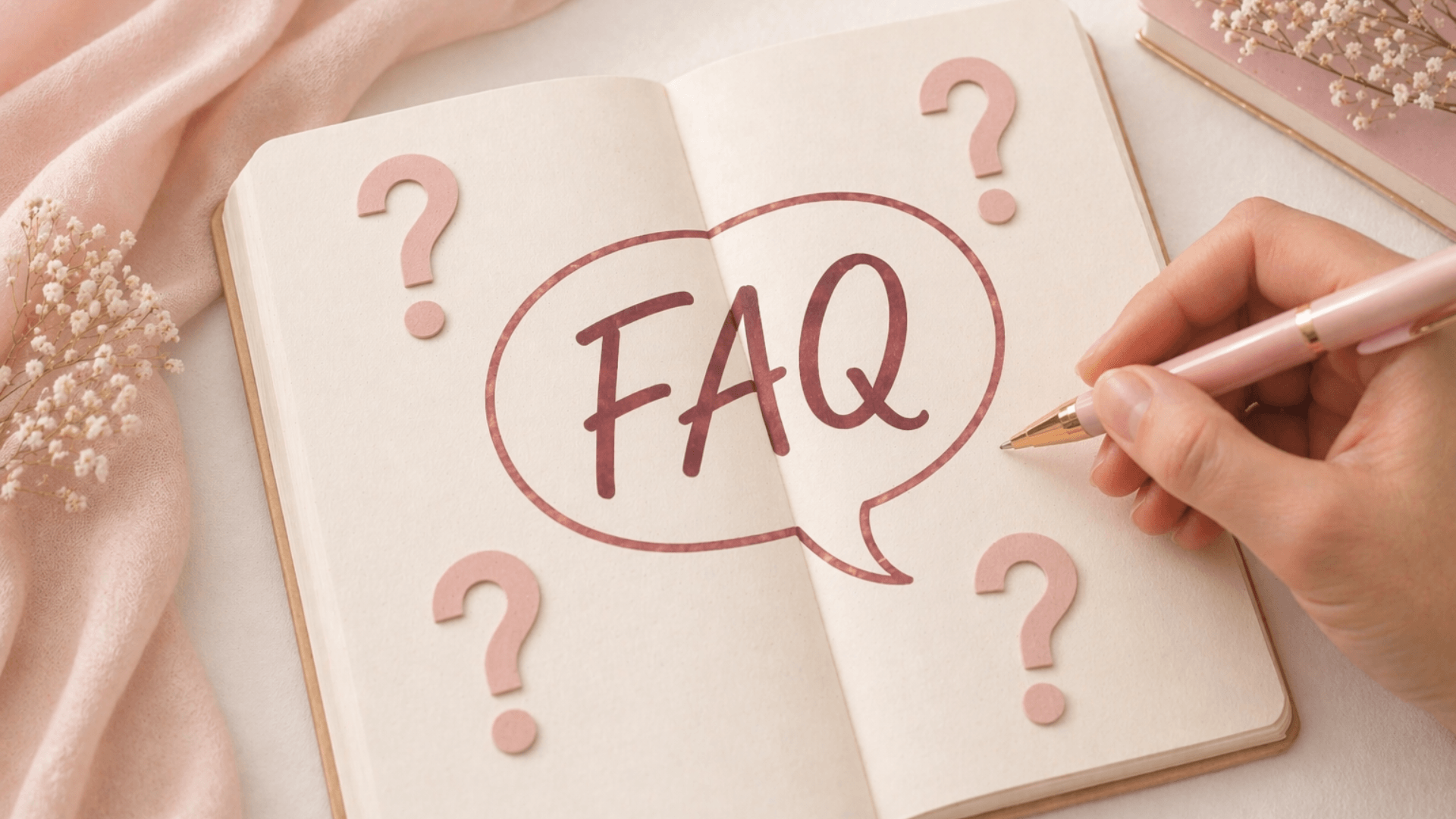 an open notebook with FAQ written acrossa and question marks in the corners