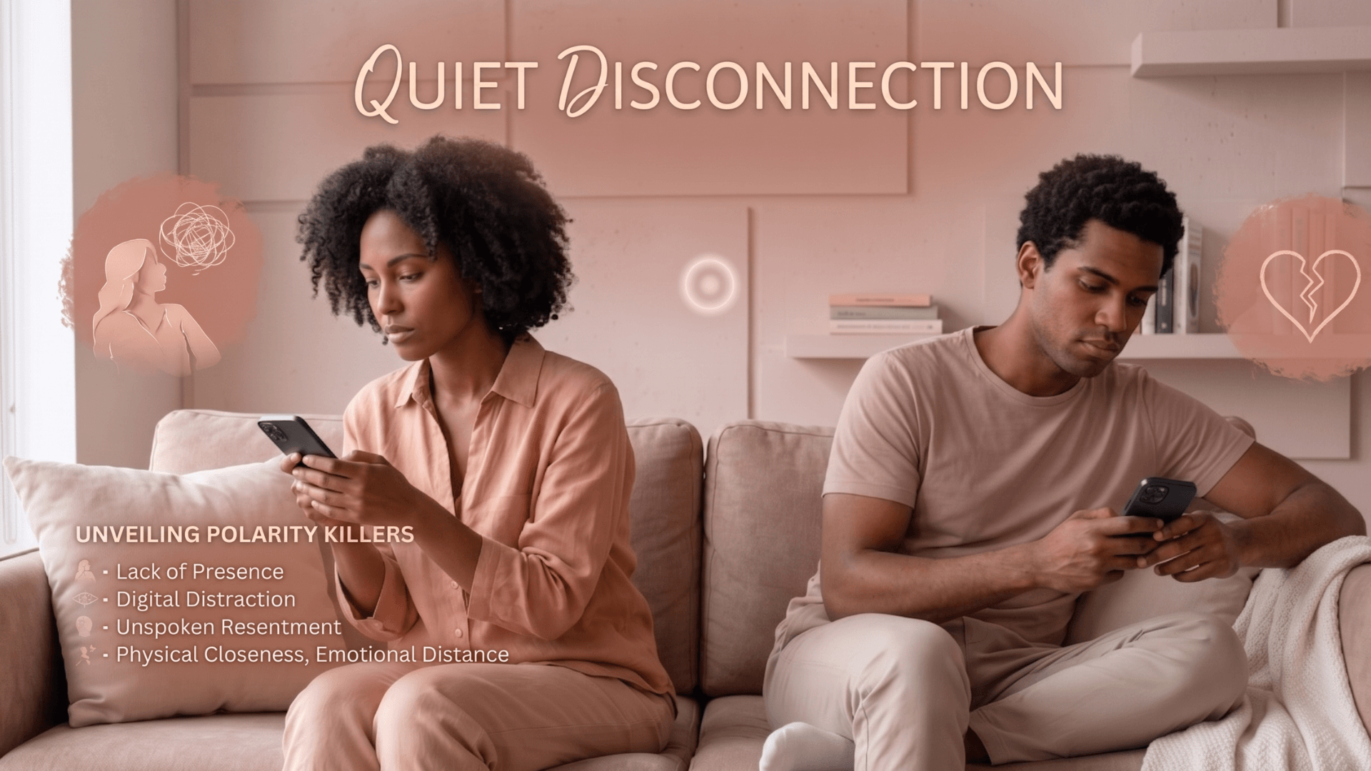 a couple in a couch focused on their phone with a text that says quiet disconnection, unveling polarity killers