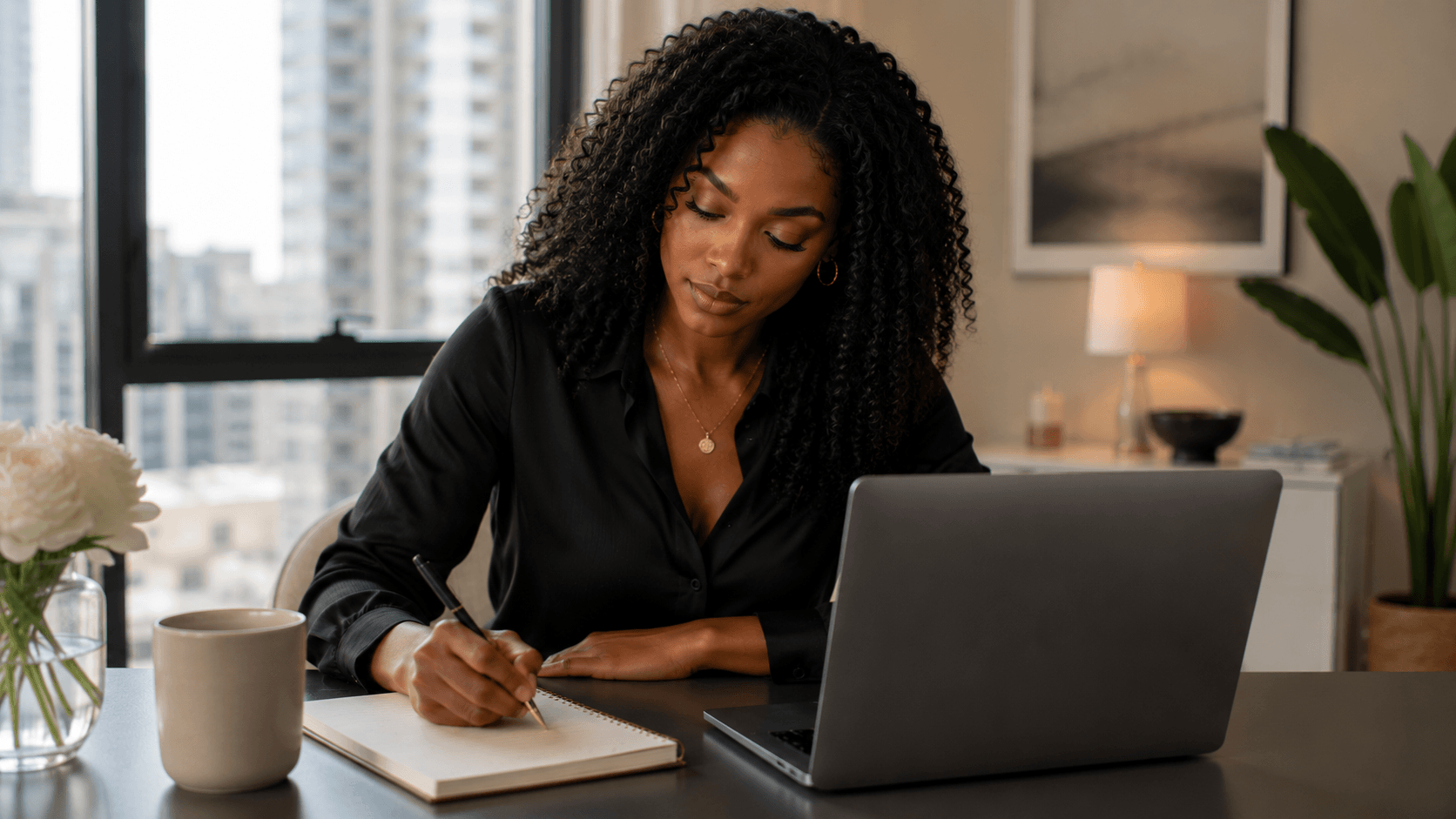 a woman sitting in front of a table writing