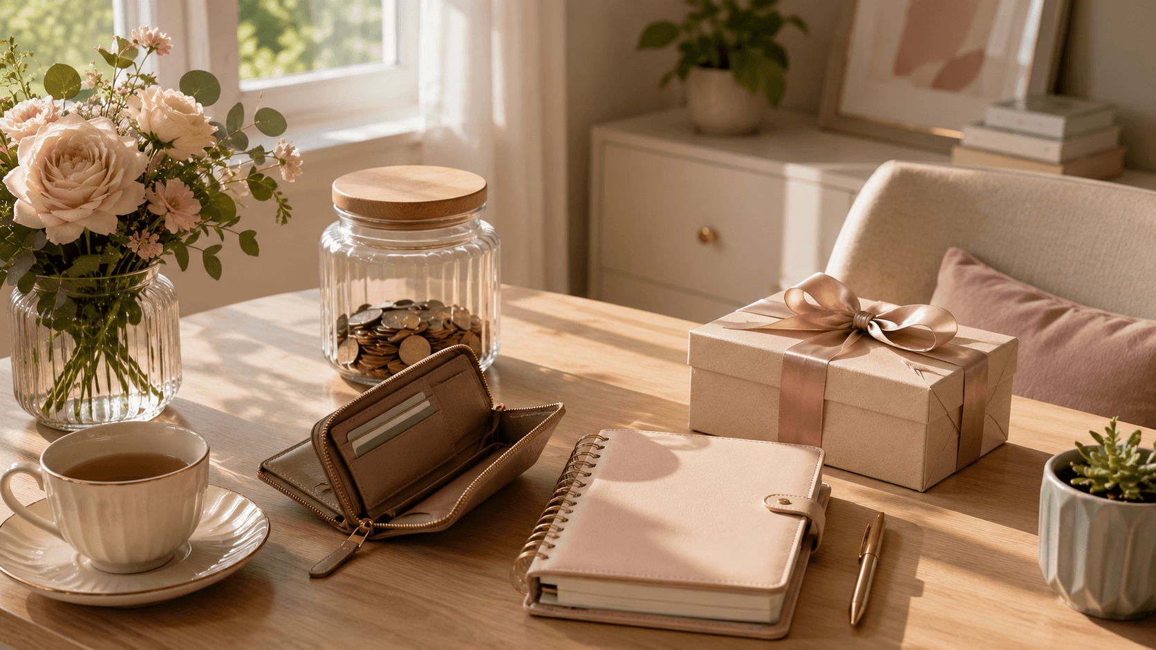 a desk with coins in a jar, tea, a present, and a notebook