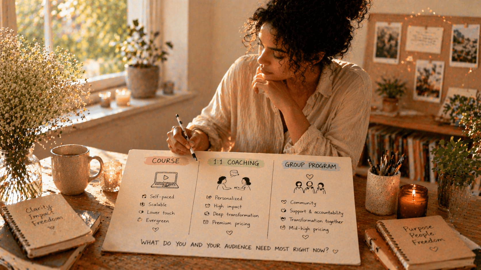 an image of a woman choosing between course, coaching, and group program