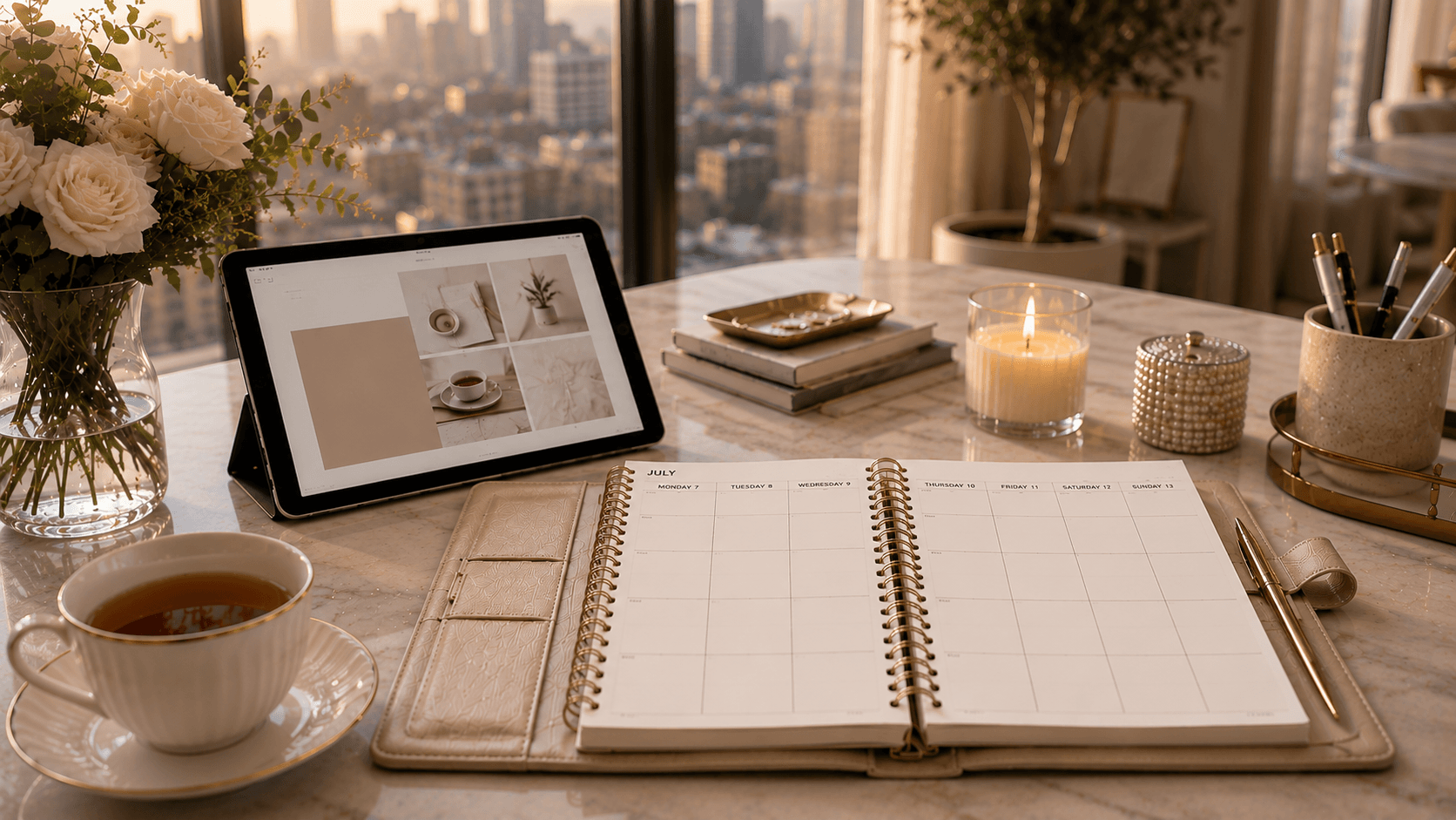 a tablecounter with a notebook organizer and a tablet giving a choice for format