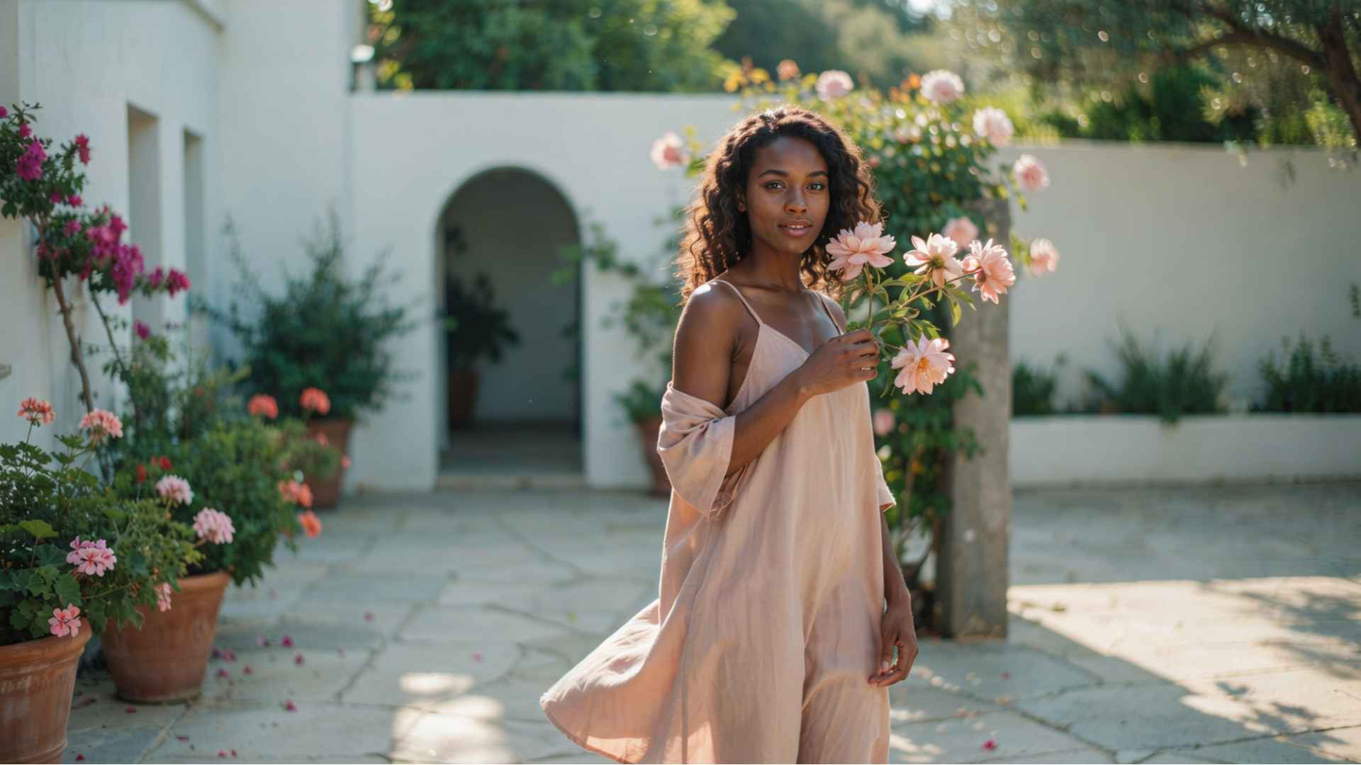 a woman in a garden holding flowers