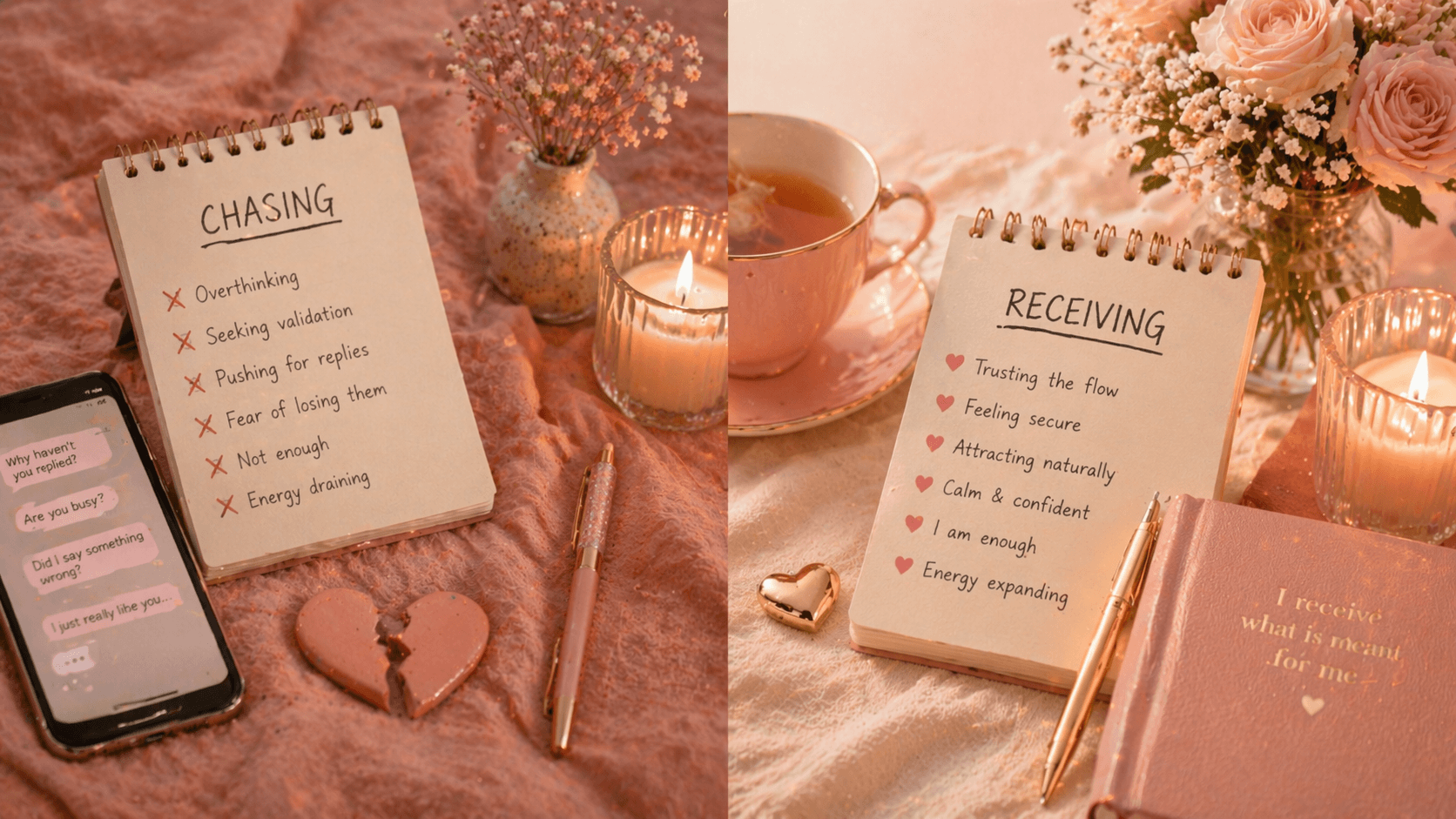 an image of two notebooks with written texts comparing chasing and receiving