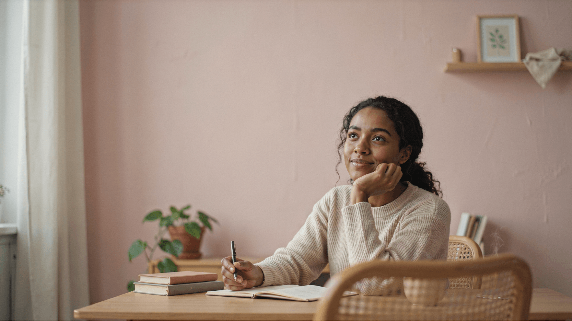 a woman looking faraway, writing on a notebook