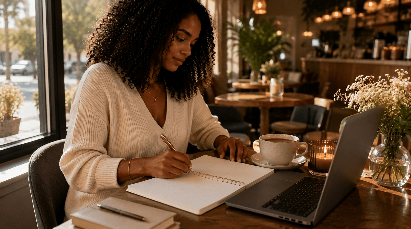 a woman in front of a table writing on her notebook