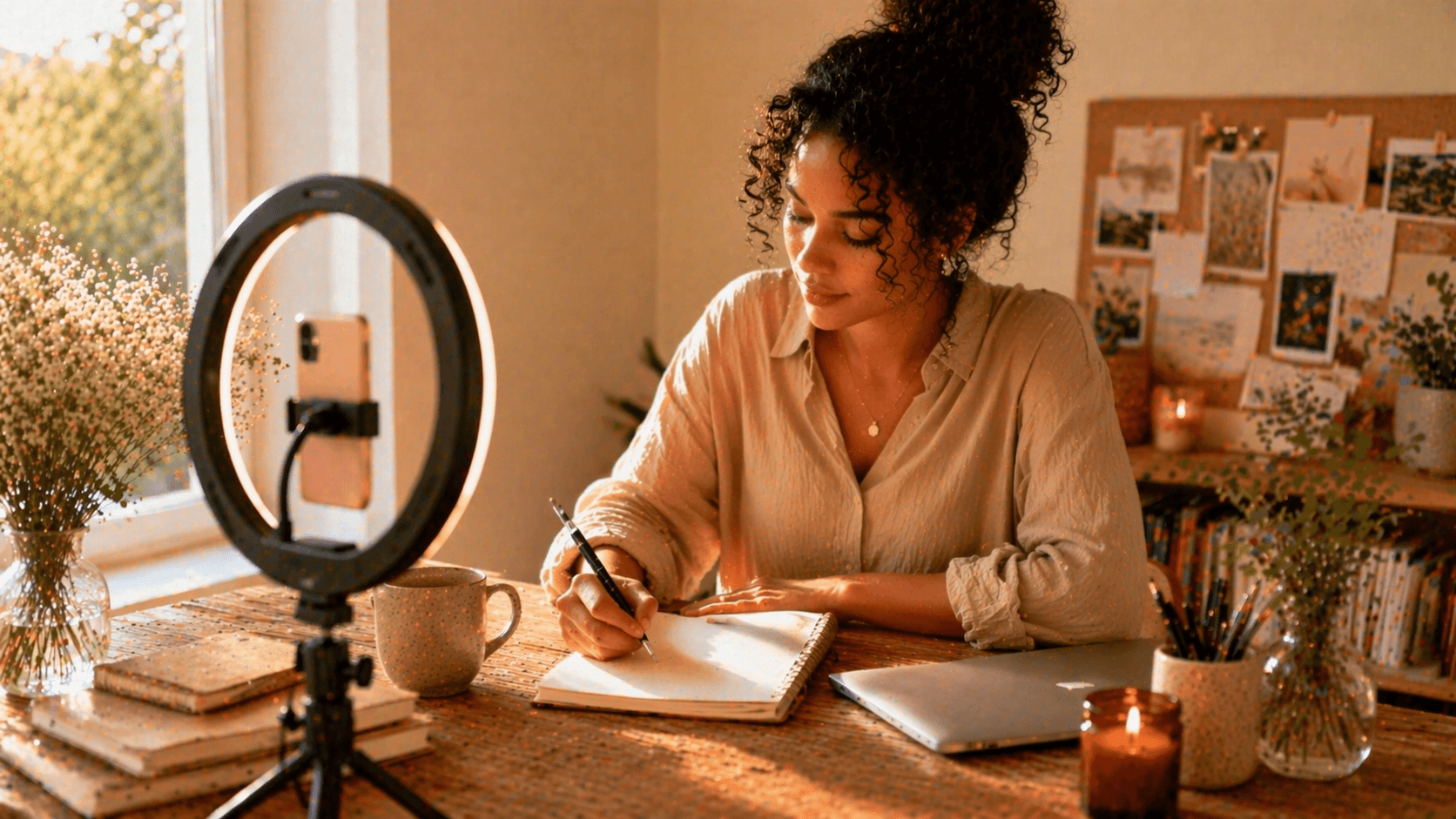 a woman in her office, writing on a notebook in front of a phone and lighting setup