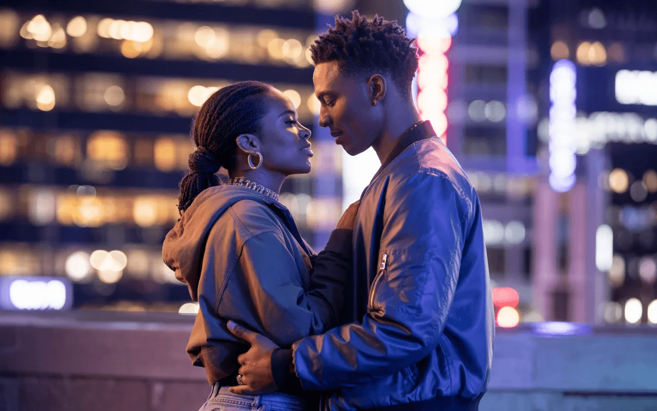 image of a happy couple with a busy city as the background 