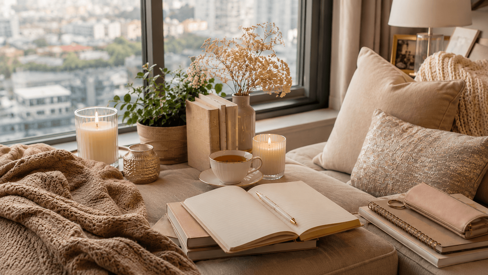 a cozy looking set up in a living room, surrounded by candles and notebooks